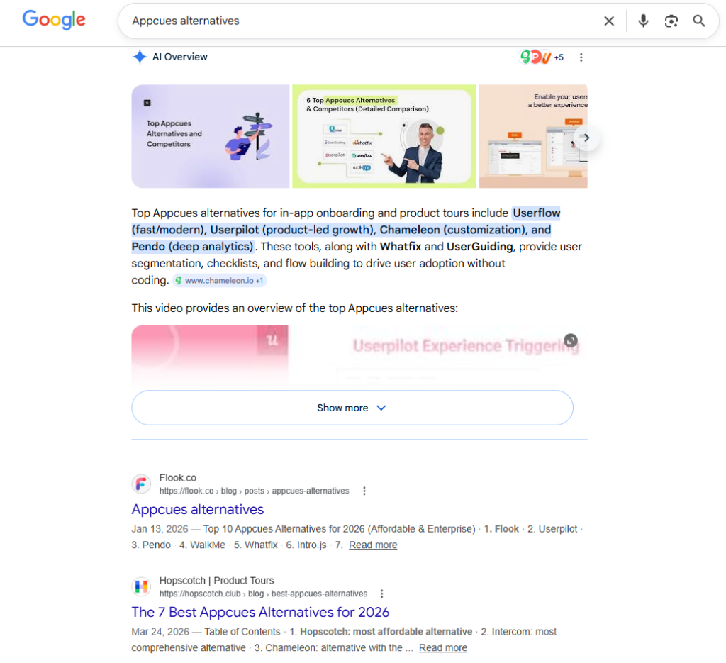 A Strategic SEO Audit of Userpilot: What B2B Companies Can Learn 8 Appcues alternatives SERPs screenshot